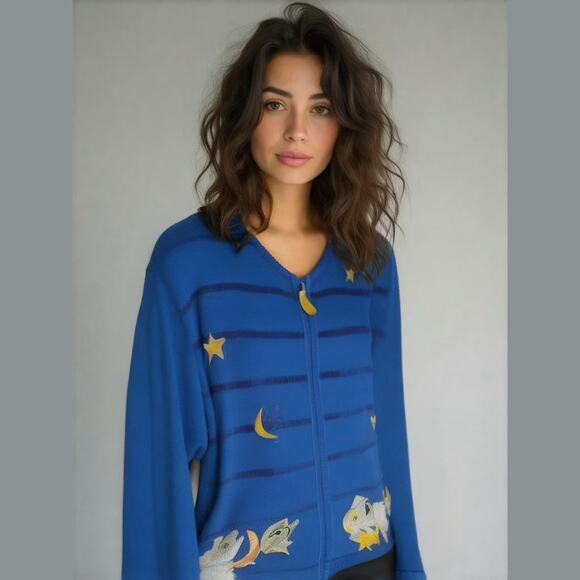 Quacker Factory Blue Chenille Yellow White Embroidered Angels Cardigan Plus 1X - Picture 1 of 10